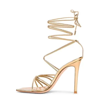 Римски дамски сандали със златни джапанки, на модела обувки-гладиатори на тънък ток, с шнур, летни модела обувки с квадратни пръсти
