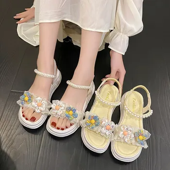 BCEBYL/ дамски сандали с перлата на цвете, лятна новост 2023 г., модни пикантни плажни сандали с дебело дъно и Отворени пръсти, дамски обувки