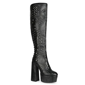 Нови ботуши до коляното с крокодиловым модел за жените, обувки на платформа на дебел висок ток, модерен зимни обувки, женски botines mujer