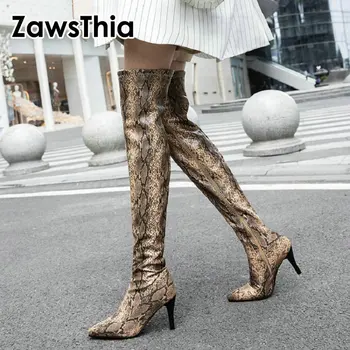 ZawsThia/новост зимата 2022, пикантни женски ботфорты над коляното с принтом змийска кожа на висок ток, жените ботильоны над коленете, новост зимата