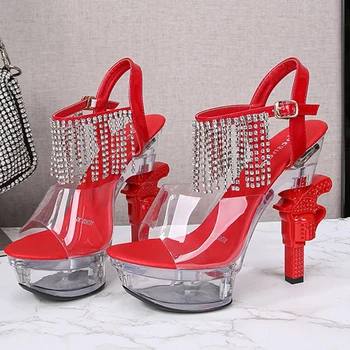 Новост 2022 г., дамски обувки на висок ток 14 см, удобни дамски обувки с декорация във формата на кристали, Размер 34-43, висококачествени сандали с кристали, дамски обувки