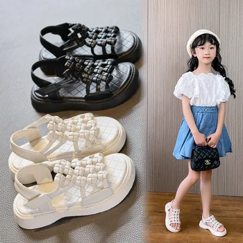 Римски сандали за момичета, летни детски сандали принцеса с отворени пръсти, тъкани отворени сандали с мека гумена подметка, детска плажна обувки