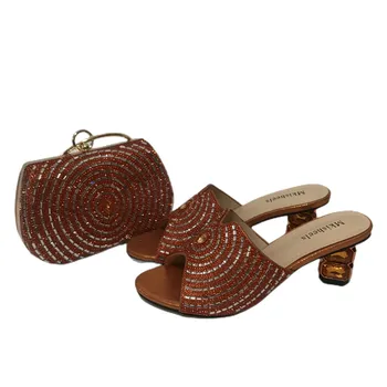 Италиански оранжеви обувки и чанти за вечерни партита с камъни, нигерийски вечерни чанти в тон мек сандалиям 7 см