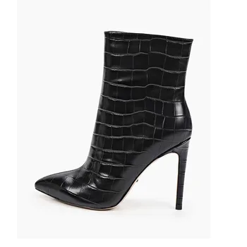 Нови модни женски черно-бели ботильоны на висок ток с остър пръсти, женски демисезонные пикантни вечерни ботильоны с цип, обувки за подиум