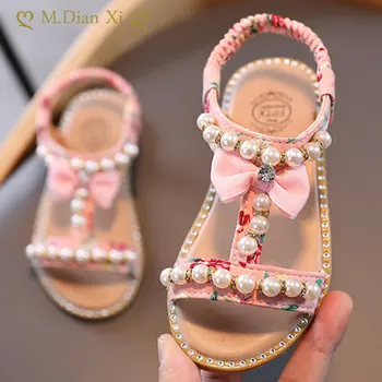Нови летни детски плажни сандали за деца, обувки принцеса с хубав лък и перли за момичета, детски модни вечерни сандали на равна подметка, детски обувки