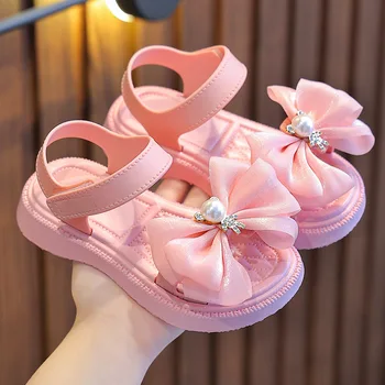Летни розови сандали за момичета 1-8 години; модни обувки на принцеса за момиченца; нескользящие плажни сандали с отворени пръсти