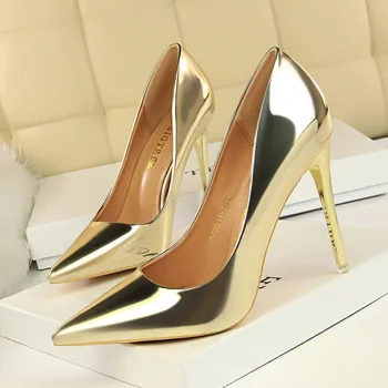 Блестящи метални дамски обувки-лодка на висок ток цвят сребрист, златист, сватбени обувки на висок ток за булката, женски обувки на токчета, просто красива обувки, Размер 43