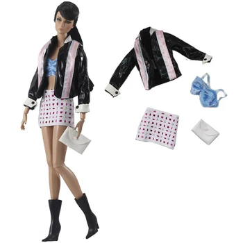 NK1 Комплект Новата кукольной дрехи, Черна козина + Синьо секси топ + мини пола + Бяла чанта за Барби, Аксесоари, Дрехи, Кукла-играчка
