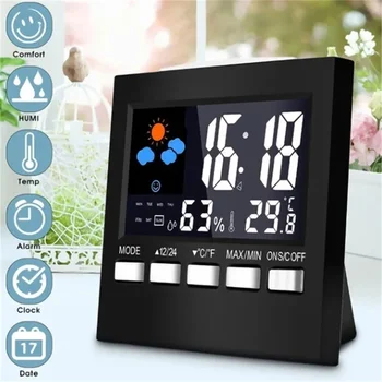 Цифров часовник с аларма за спални с led екран, прогноза за времето, наблюдение на температура и влажност с календара на повторение, гласово управление