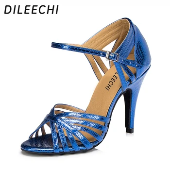 DILEECHI/ женски, сини, златисто-червени обувки за латино танци от изкуствена кожа на висок ток 10 cm, съвременни танцови обувки
