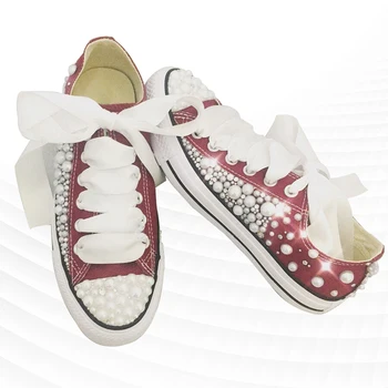 Черно-червени парусиновые маратонки с най-високо берцем, парусиновая обувки с кристали, удобни обувки за ходене, вулканизированная ръчно изработени обувки с кристали 35-46