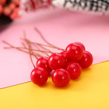 50шт Коледни Мини-Плодове Фалшиви Плодове Ботаника култивирани Перли Тичинки за Цветя Череша Сватбена Подарък Кутия 